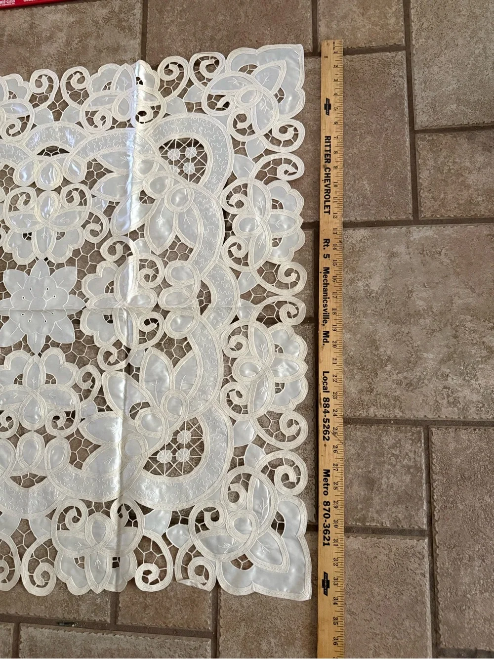 Battenberg Like Lace Tablecloth with Silk & Embroidered Lace - 34”square. Mint.